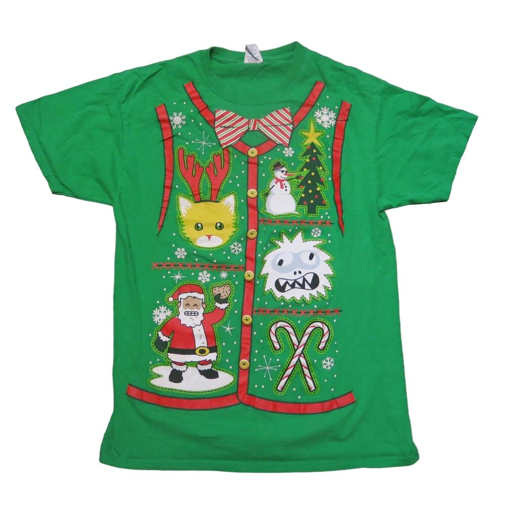 UGLY CHRISTMAS Cat T Shirt Size M Snowman Santa Short Sleeve Snowman Green